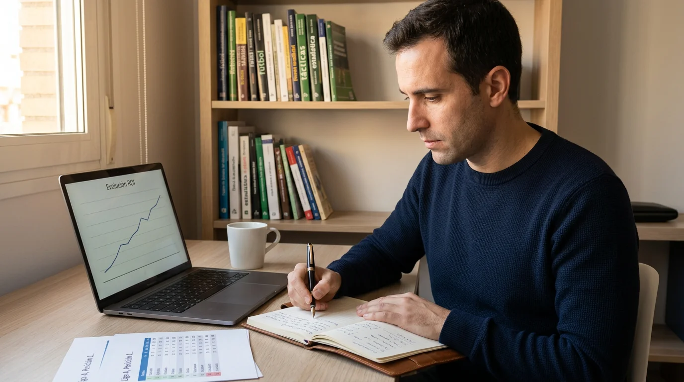 Analista de apuestas trabajando en un escritorio con estadísticas de fútbol