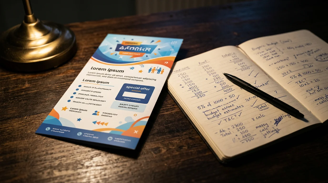 Folleto promocional doblado sobre una mesa oscura junto a un cuaderno abierto con anotaciones manuscritas y un bolígrafo
