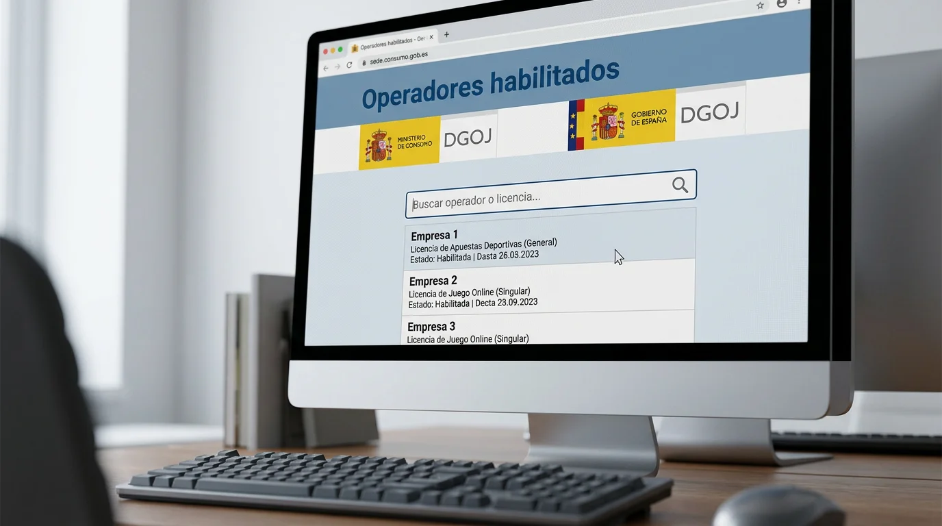 Pantalla del registro oficial de operadores habilitados de la DGOJ mostrando listado de casas de apuestas con licencia activa en España
