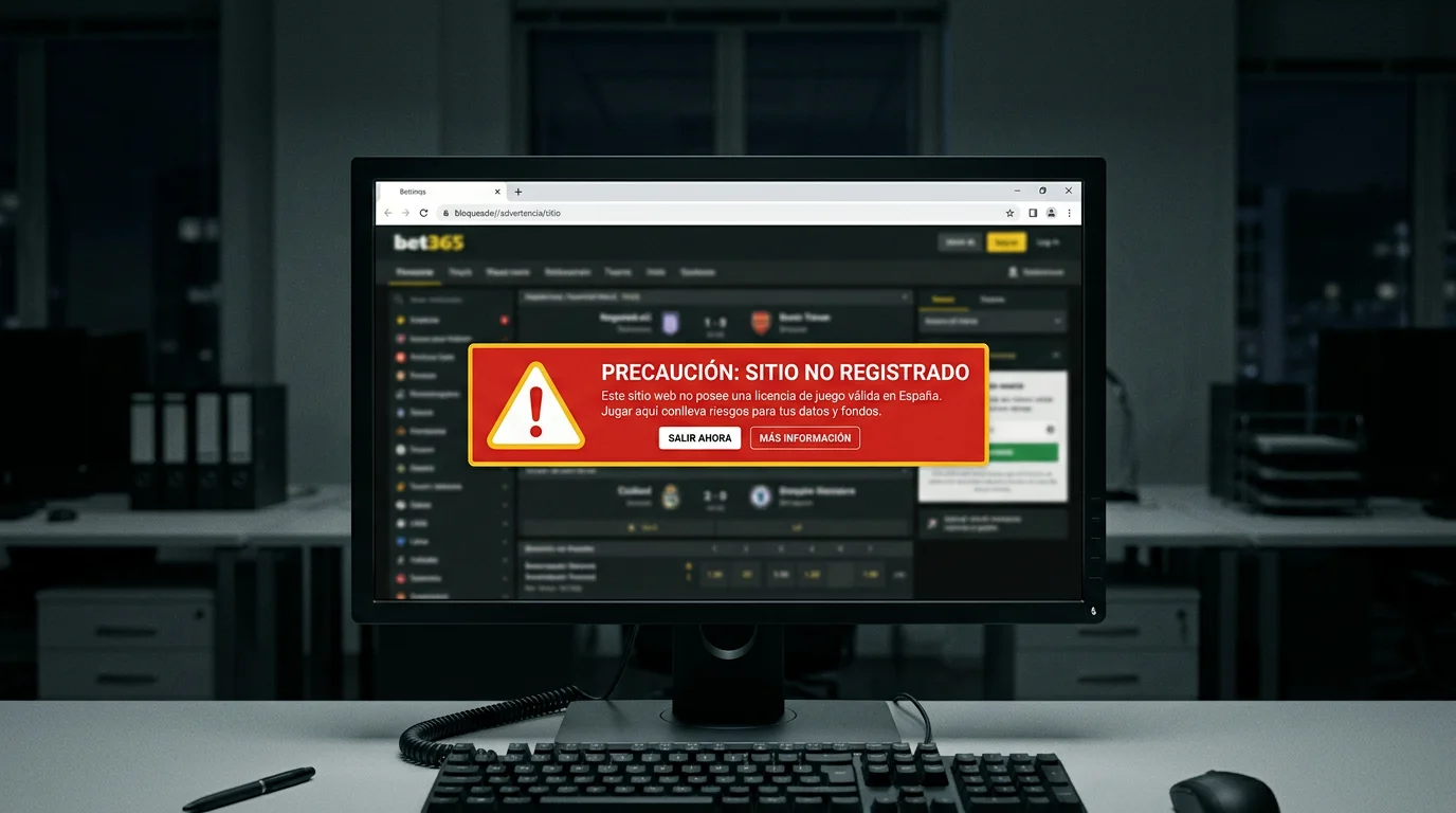 Pantalla de navegador mostrando una página de casa de apuestas sin licencia DGOJ con advertencias de bloqueo superpuestas