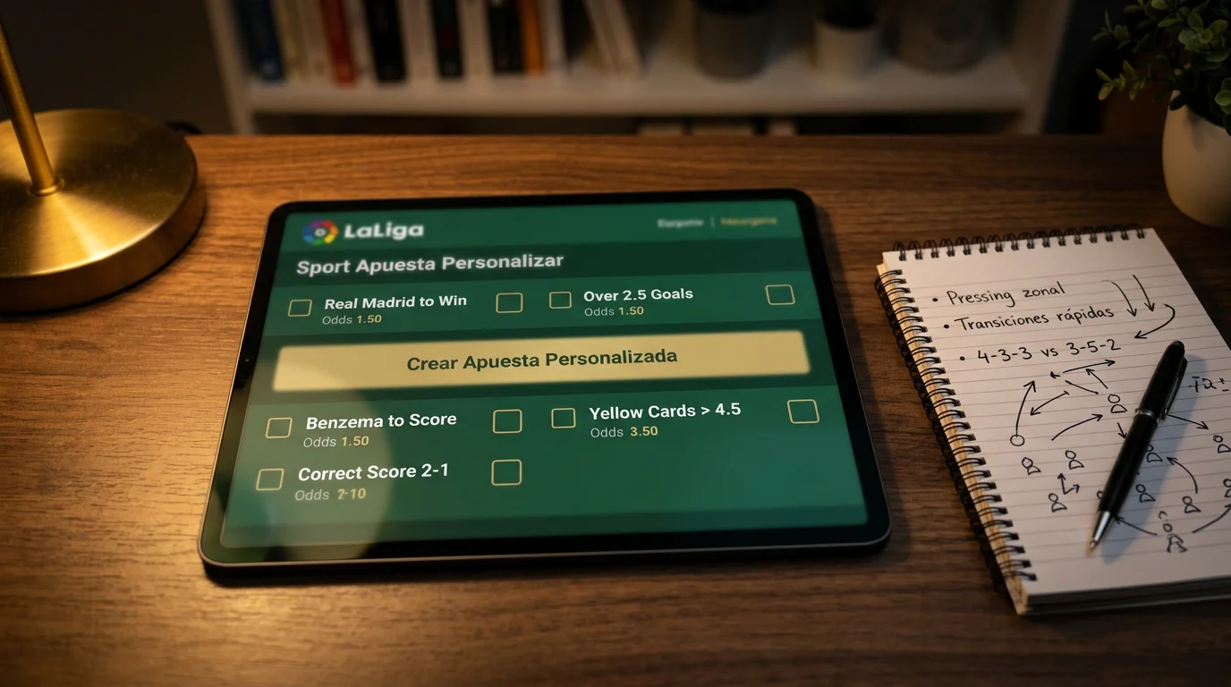 Pantalla de una casa de apuestas mostrando el constructor de apuesta personalizada con varios mercados seleccionados para un partido de LaLiga