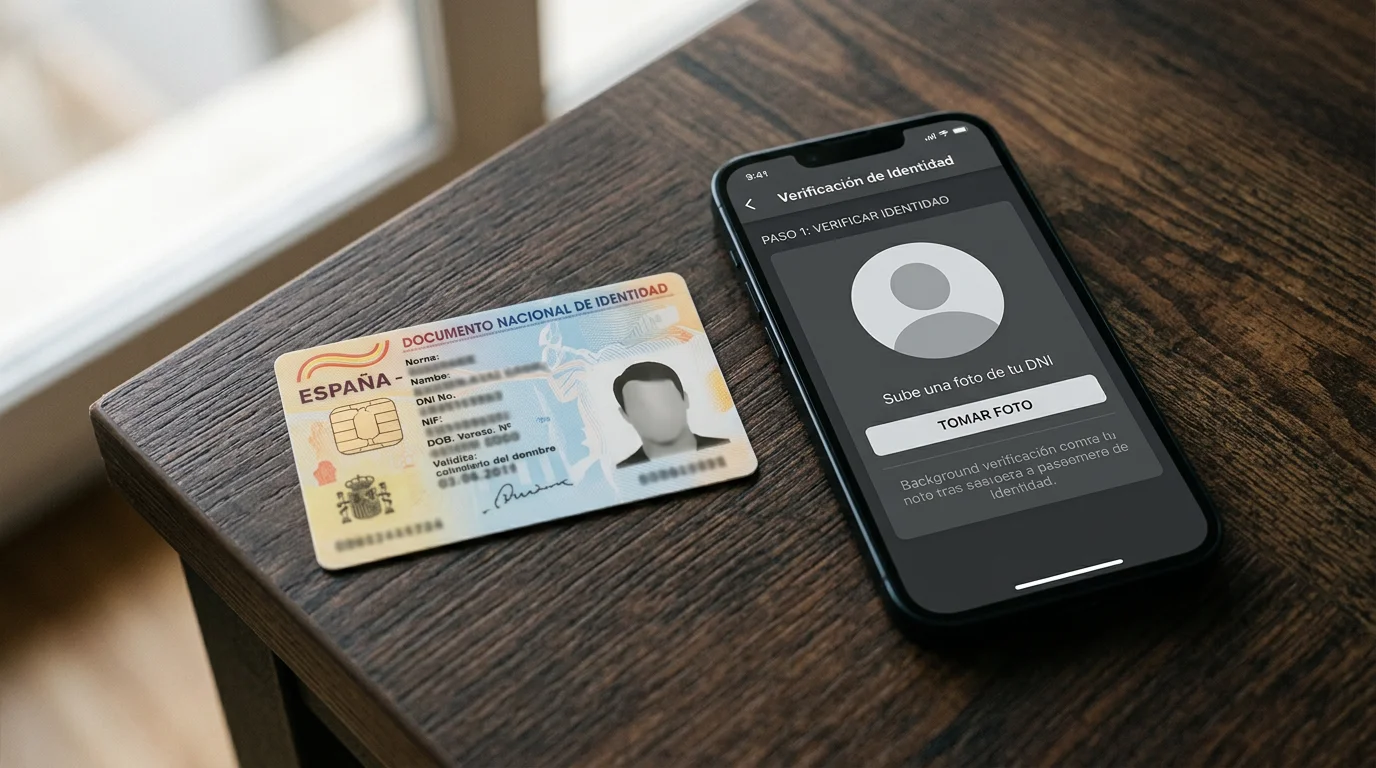 Documentos de identificación sobre una mesa junto a un móvil mostrando el proceso de verificación en una casa de apuestas española