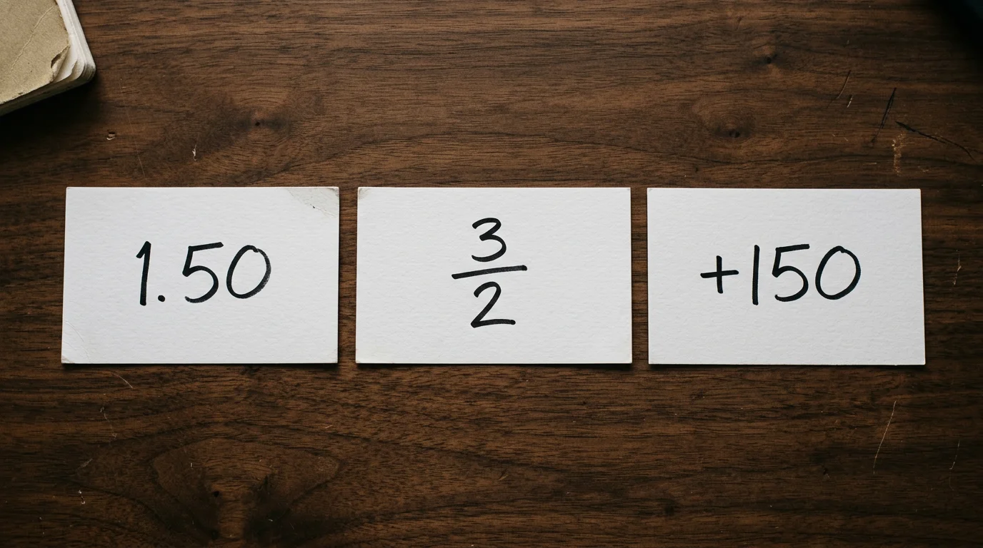 Tres tarjetas mostrando la misma cuota expresada en formato decimal, fraccional y americano sobre un fondo de cancha de fútbol